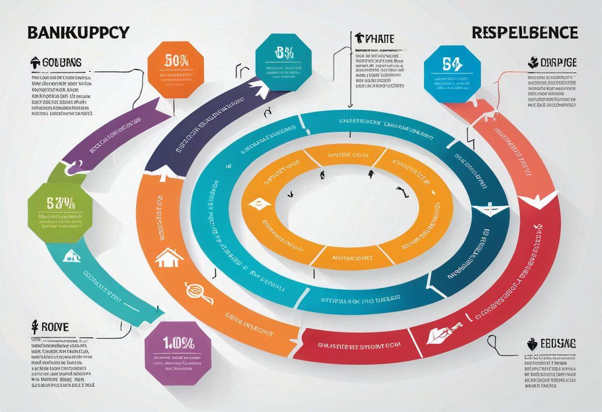 A visually engaging infographic depicting the journey of bankruptcy proceedings. The image should show a winding path with key milestones: Filing documents, court proceedings, credit counseling, and financial recovery steps, represented by icons. Include a diverse group of people symbolizing different backgrounds, illustrating hope and resilience. Use a soft color palette with clear labels and arrows guiding the viewer through the process. vector art. vibrant colors. white background.