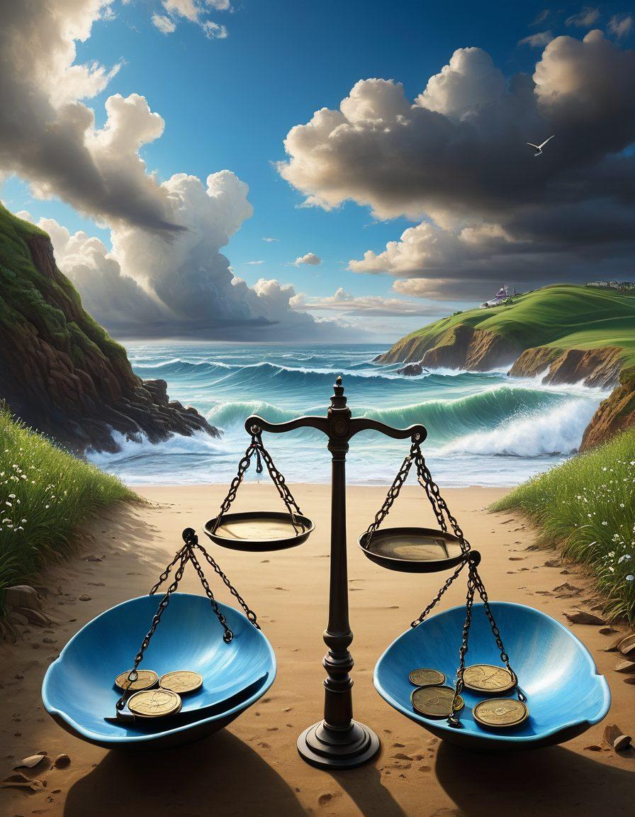 A visual guide illustrating the contrast between Chapter 7 and Chapter 13 bankruptcy proceedings. Include a split image: one side depicting a metaphorical journey through obstacles (debt, stress) symbolized by a stormy sea, and the other side showing a clear, serene path towards financial freedom. Use symbolic icons like balance scales and shields to emphasize protection and resolution. Convey a sense of hope and clarity throughout the image. super-realistic. vibrant colors. thoughtful composition.