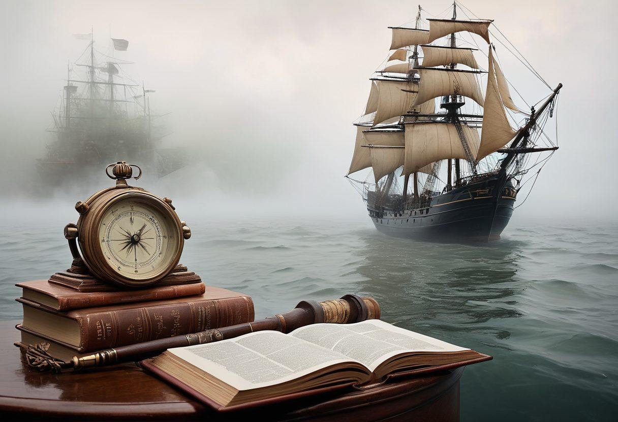 A symbolic depiction of a serene sea with a sturdy, old-fashioned ship navigating through foggy waters, representing the journey of bankruptcy in the U.S. Include a navigation compass in the foreground, highlighting guidance and expertise. Surround the scene with legal books and documents floating on the water, signifying the complexity of legal processes. The color scheme should evoke a sense of calm while maintaining a professional tone. surrealism. rich colors. soft focus.